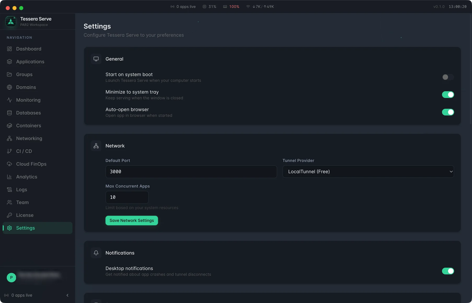 Tessera Serve — Settings